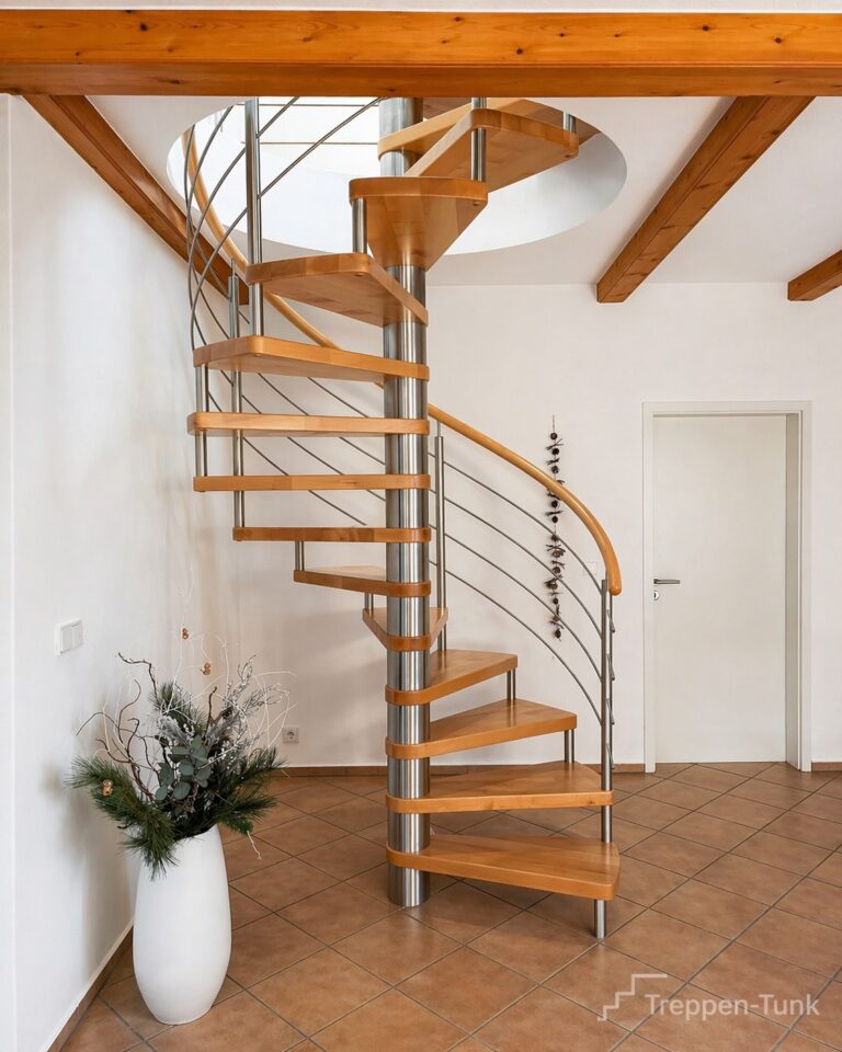 Spindeltreppe mit hellen Holzstufen um eine Edelstahlsäule, führt durch eine runde Deckenöffnung
