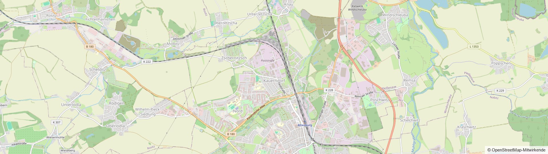 Kartenausschnitt mit dem Standort der Tischlerei Treppen-Tunk in der Feldstraße 37 in Altenburg